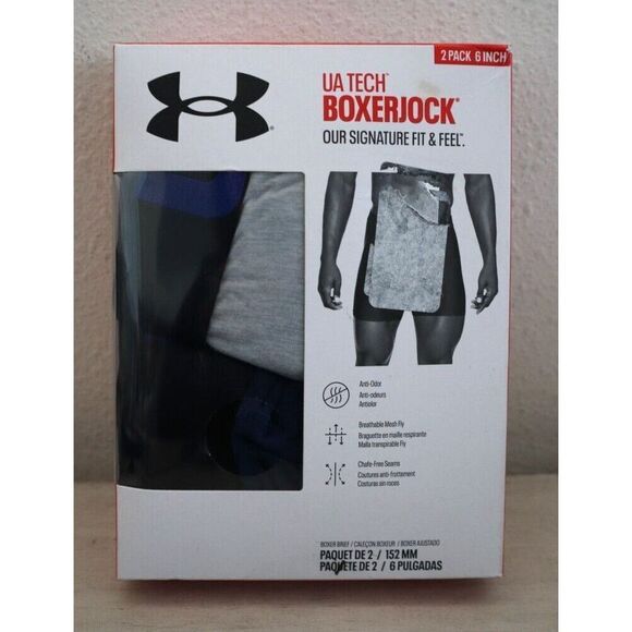 Under Armour 1363619-408 Men's Sz 5XL Gray/Blue 2-pk UA Tech 6" Boxerjock Briefs - Picture 1 of 4